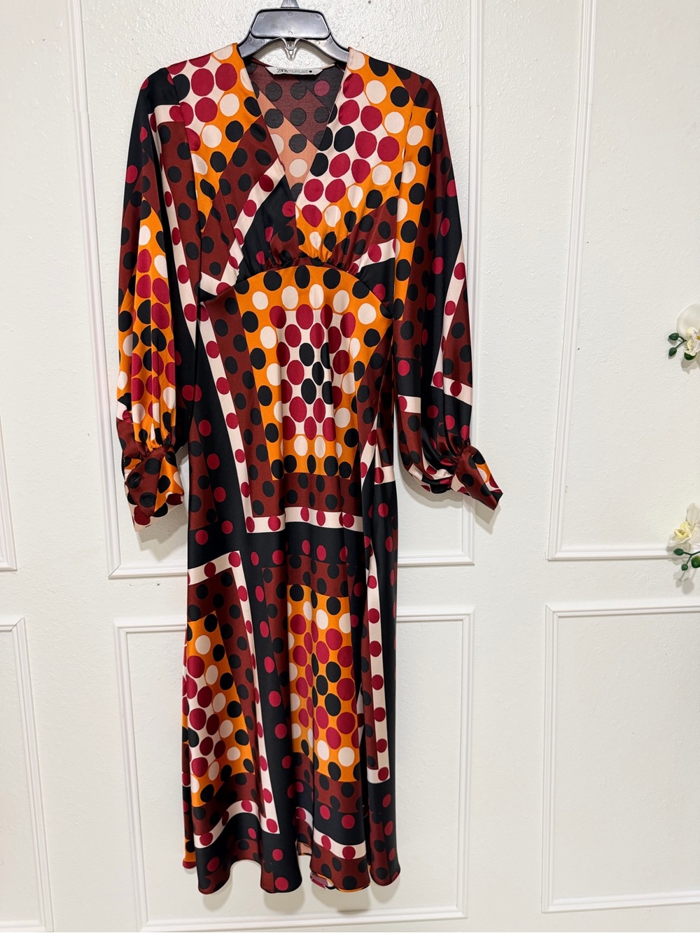 Zara Colorblock Polka Dot Maxi Dress in Black, Burgundy & Orange